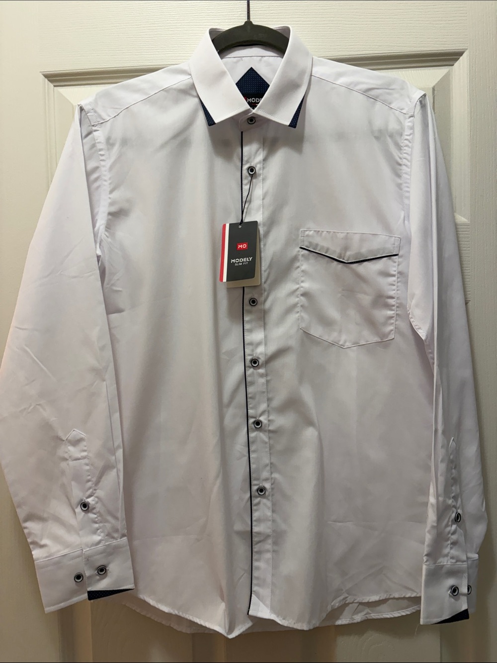Men’s Slim Fit White Long-Sleeve Dress Shirt with Navy Contrast 100% Cotton